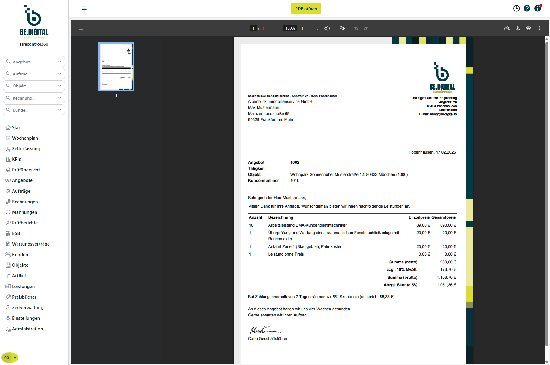 Angebot als PDF in Firecontrol360