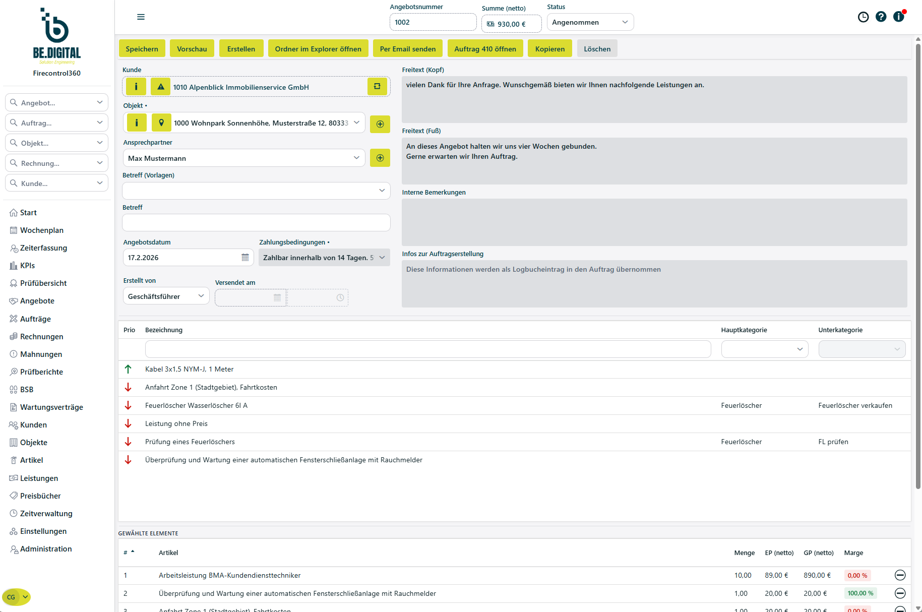 Angebotsdetailansicht in Firecontrol360