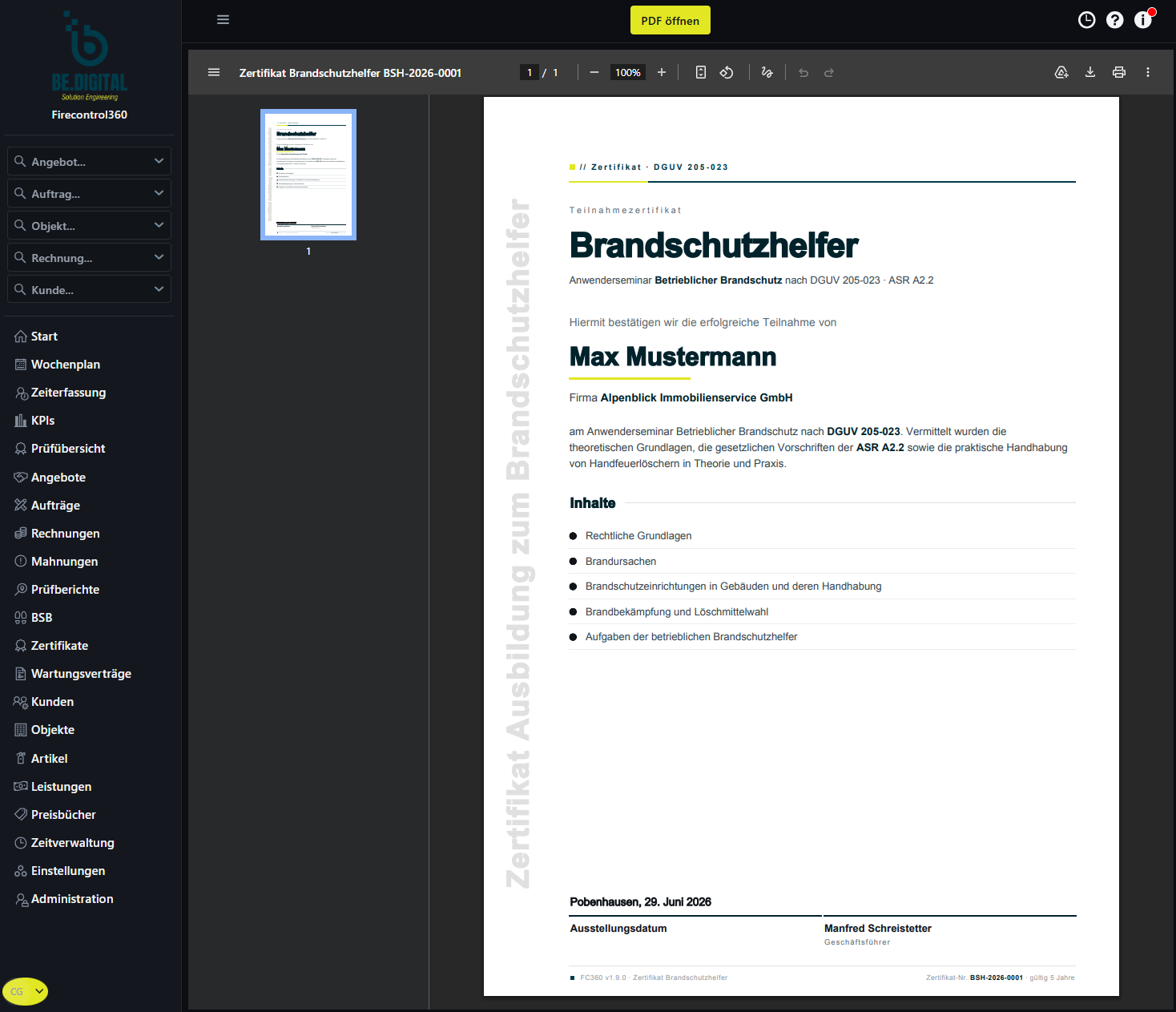 Brandschutzhelfer-Zertifikat nach DGUV 205-023 und ASR A2.2 in Firecontrol360
