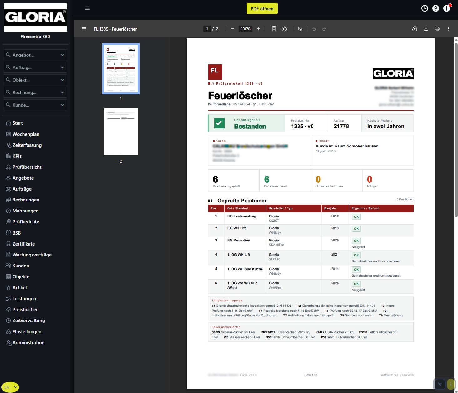 Prüfprotokoll für Feuerlöscher in Firecontrol360